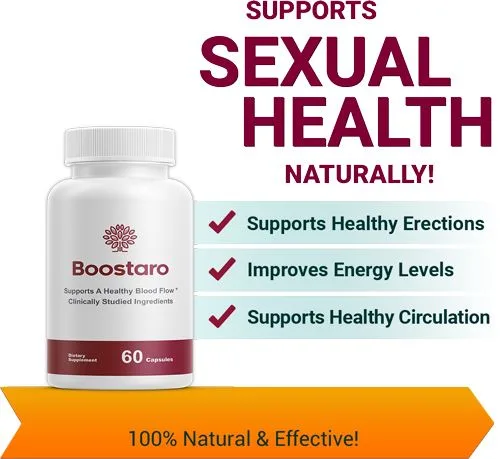 Boostaro marketing image listing support for healthy erections, energy, and circulation